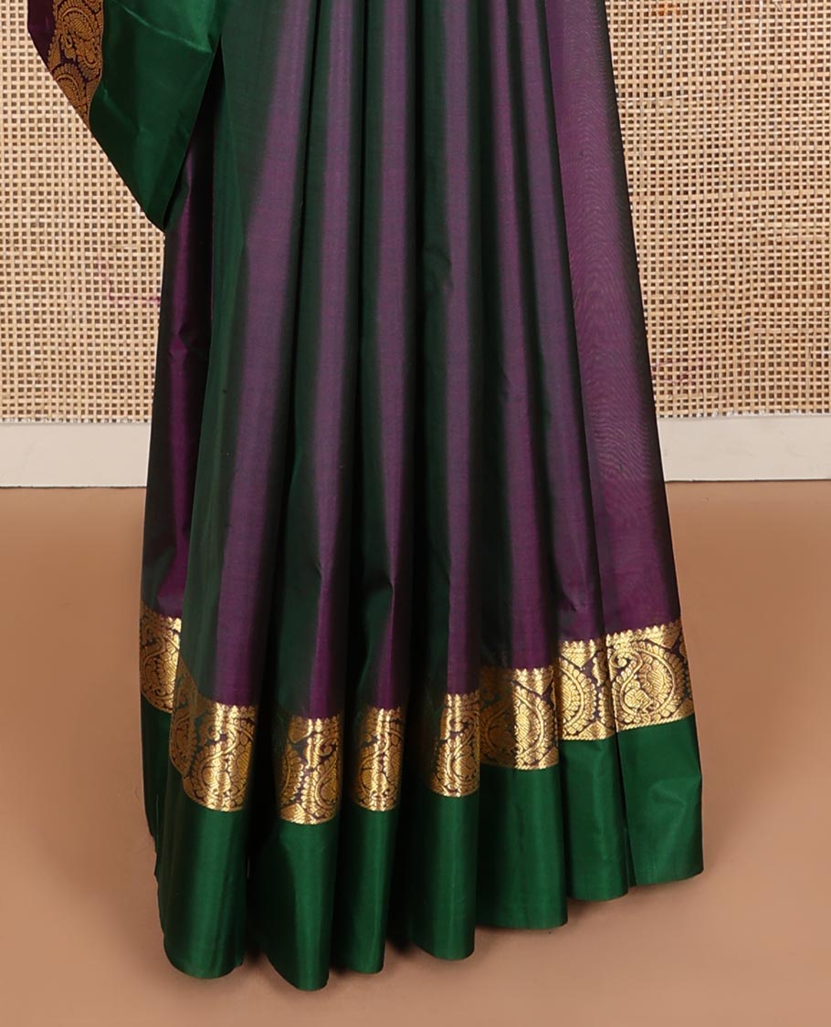 Purple zari buttas Kanchipuram silk saree, contrast border of mayil butta enclosed manga designs, and zari design pallu
