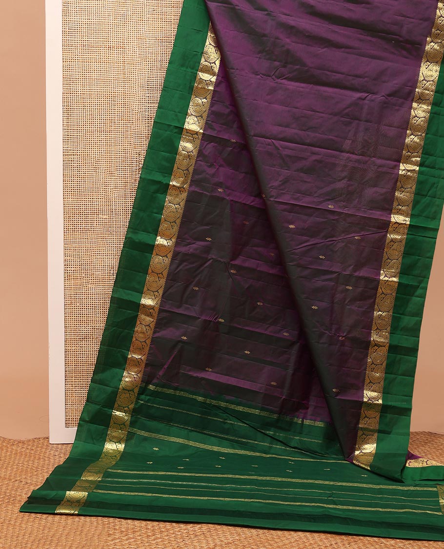 Purple zari buttas Kanchipuram silk saree, contrast border of mayil butta enclosed manga designs, and zari design pallu