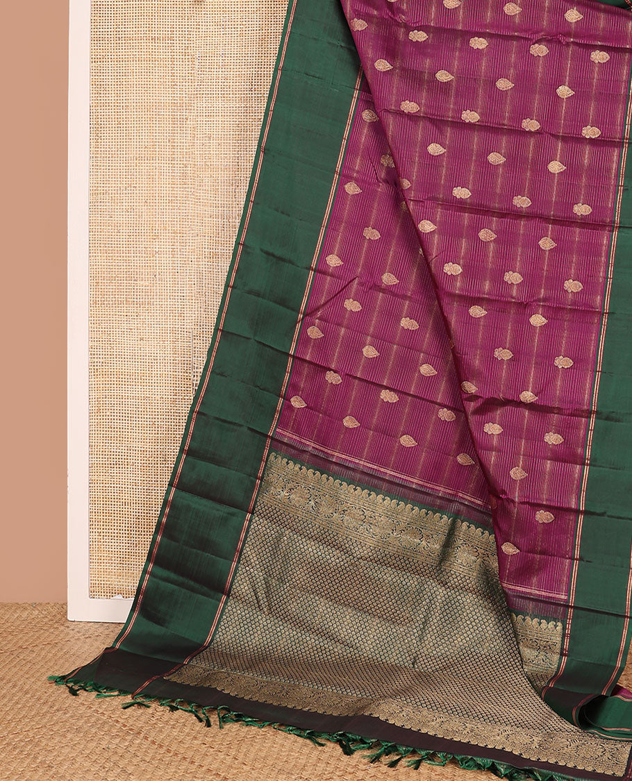 Purple zari striped, and buttas Kanchipuram silk saree, contrast bodi border, and pallu of intricate designs
