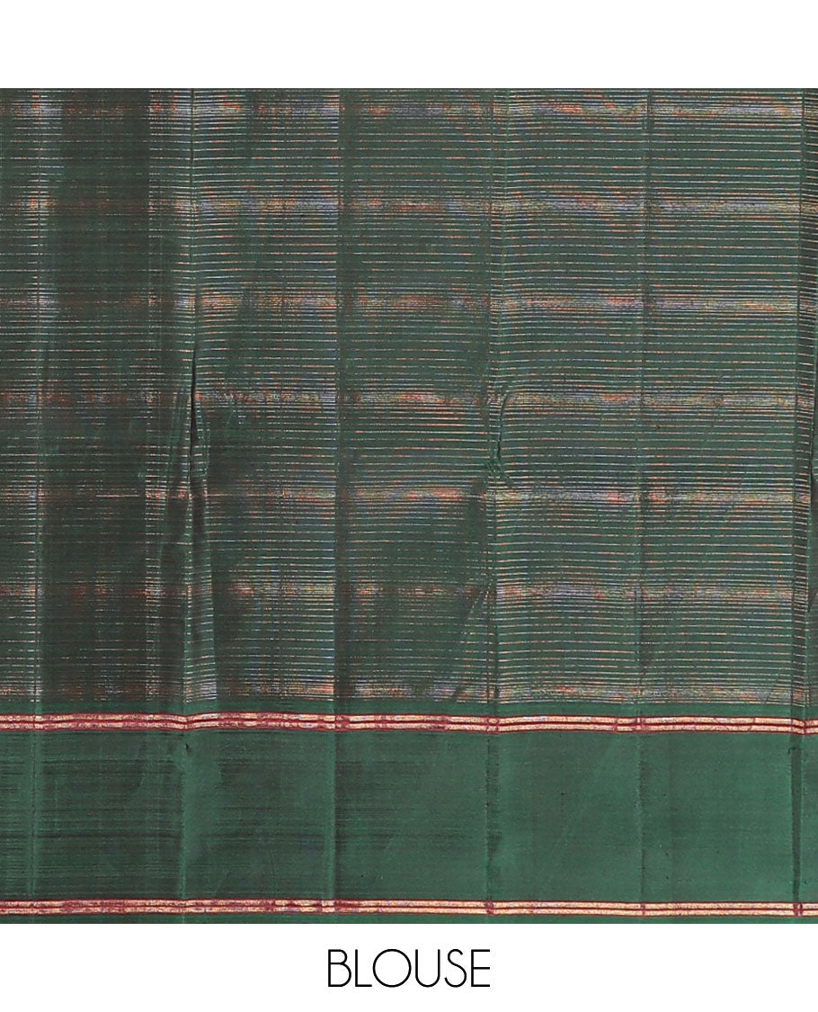 Purple zari striped, and buttas Kanchipuram silk saree, contrast bodi border, and pallu of intricate designs