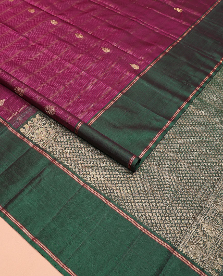 Purple zari striped, and buttas Kanchipuram silk saree, contrast bodi border, and pallu of intricate designs