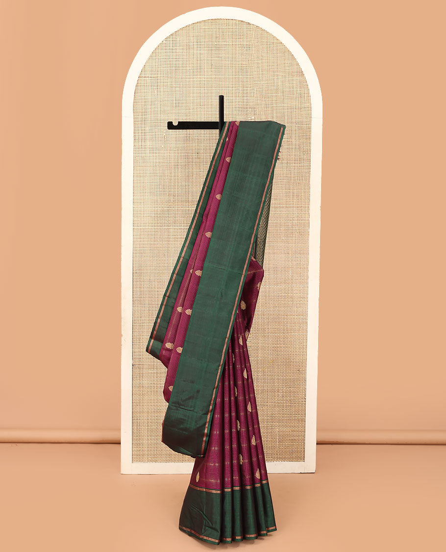 Purple zari striped, and buttas Kanchipuram silk saree, contrast bodi border, and pallu of intricate designs