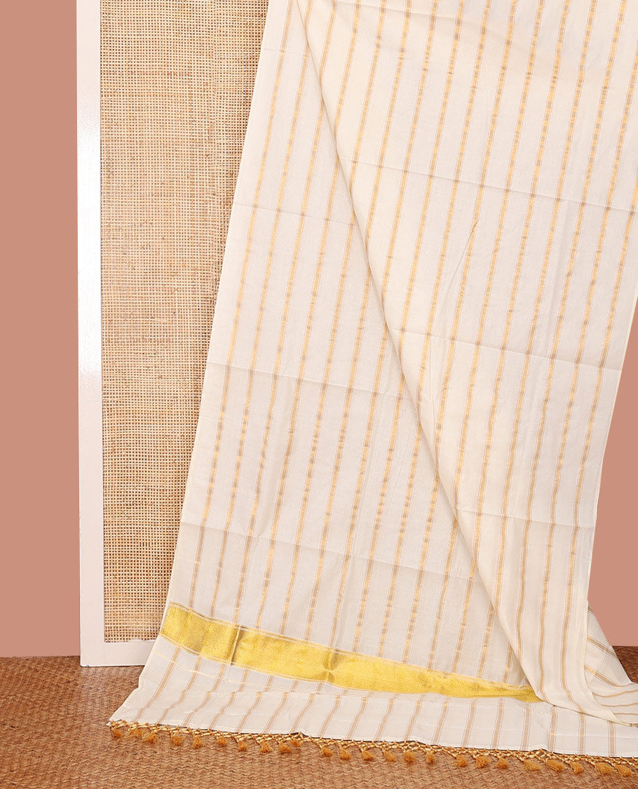 Borderless Cream Kerala Saree, Detailed with Zari Stripes on Its Body, Self-Pallu Mirrors the Same Design, and Paired with a Matching Blouse