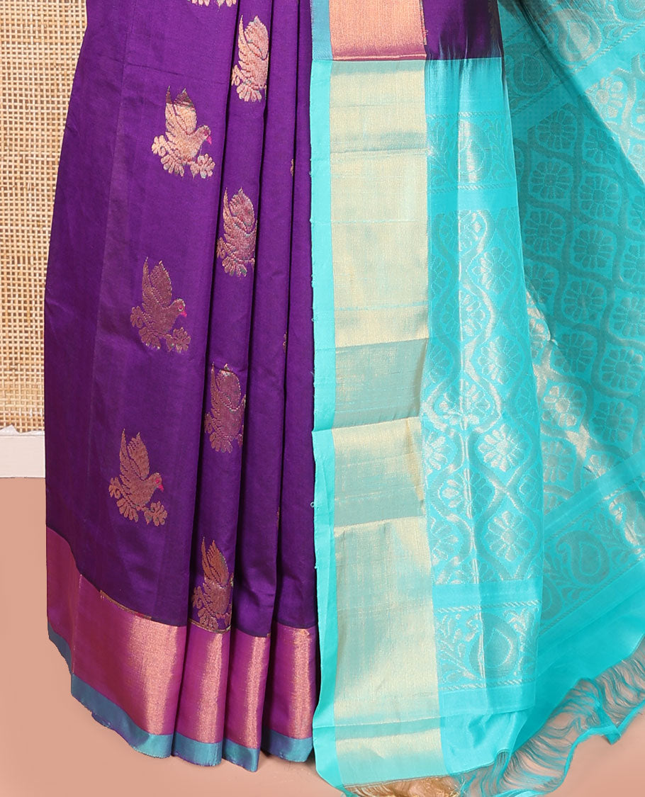 Purple Kuppadam Cotton Saree, Mesmerized with Dove Buttas All Over Its Body, Complemented by Contrast Bavanji Border, Pallu of Ogee Patterns, and Paired with a Contrast Blouse