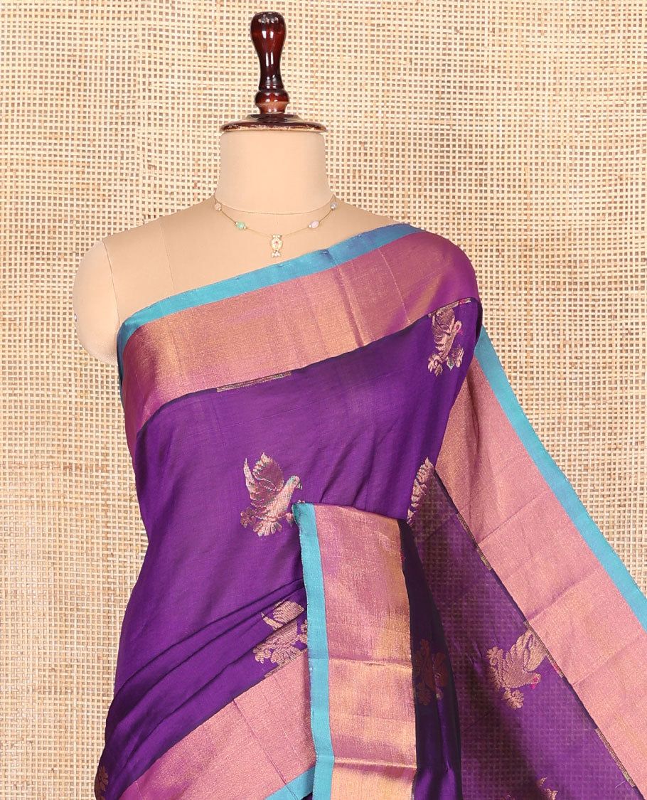 Purple Kuppadam Cotton Saree, Mesmerized with Dove Buttas All Over Its Body, Complemented by Contrast Bavanji Border, Pallu of Ogee Patterns, and Paired with a Contrast Blouse