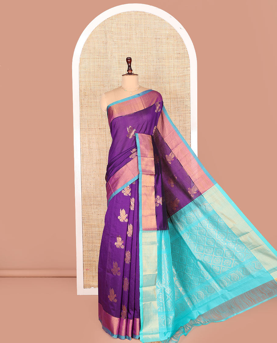 Purple Kuppadam Cotton Saree, Mesmerized with Dove Buttas All Over Its Body, Complemented by Contrast Bavanji Border, Pallu of Ogee Patterns, and Paired with a Contrast Blouse