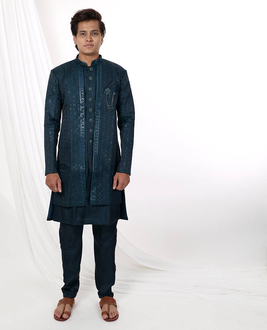 Dark blue floral thread embroidery with sequins work mandarin collar & full-sleeve long raw silk kurta