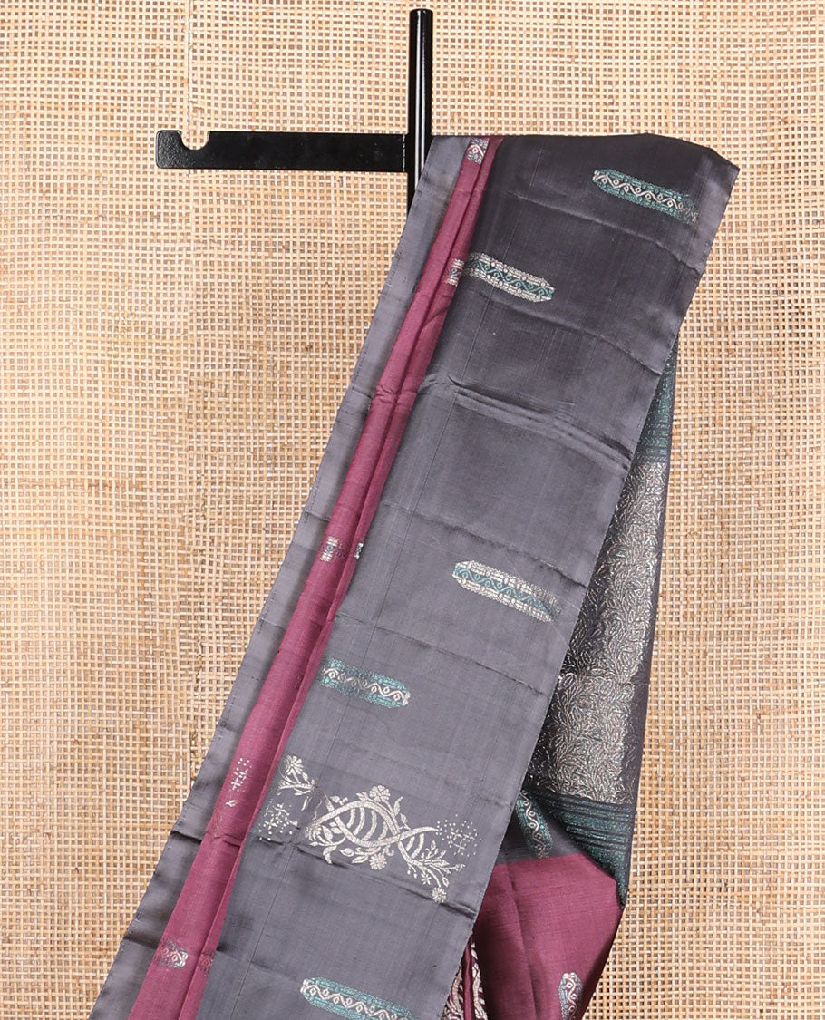 Violet buttas mayuri soft silk saree with contrast floral design border & floral design pallu