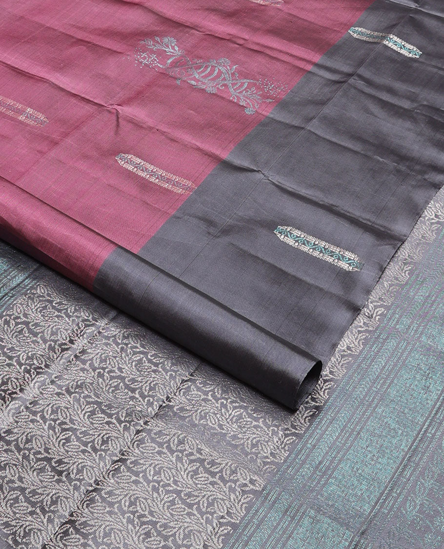 Violet buttas mayuri soft silk saree with contrast floral design border & floral design pallu