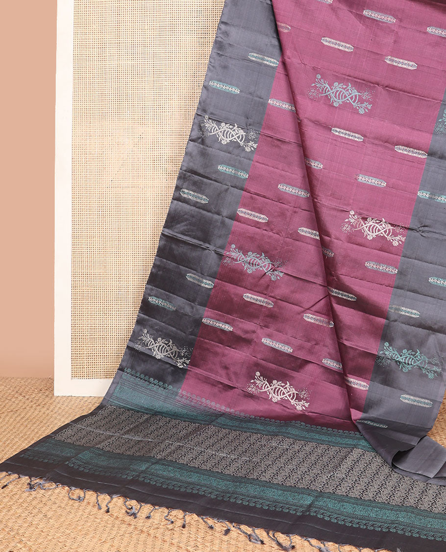 Violet buttas mayuri soft silk saree with contrast floral design border & floral design pallu