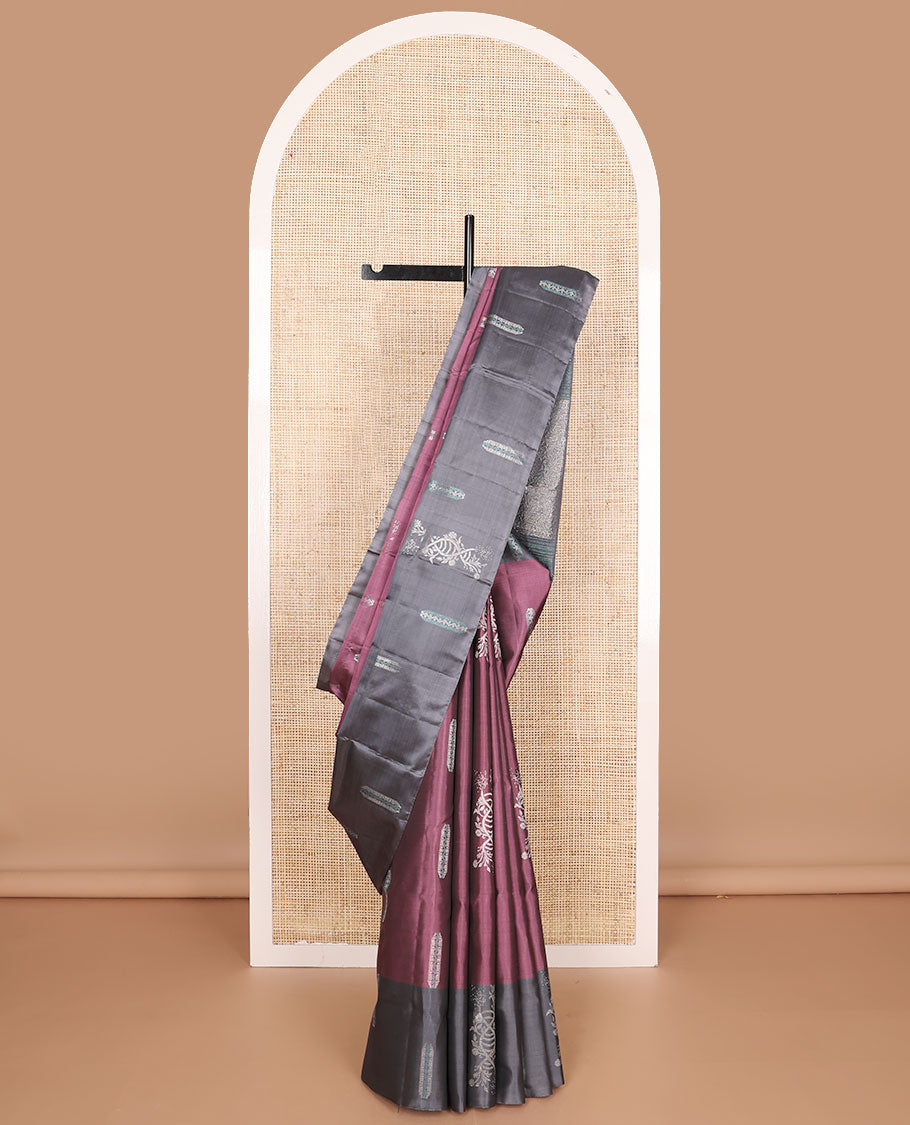 Violet buttas mayuri soft silk saree with contrast floral design border & floral design pallu