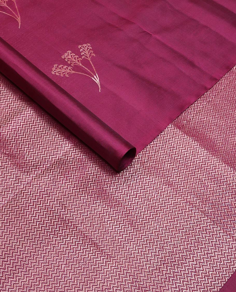 Borderless purple floral buttas soft silk saree, gleaming zari pallu of vanki designs