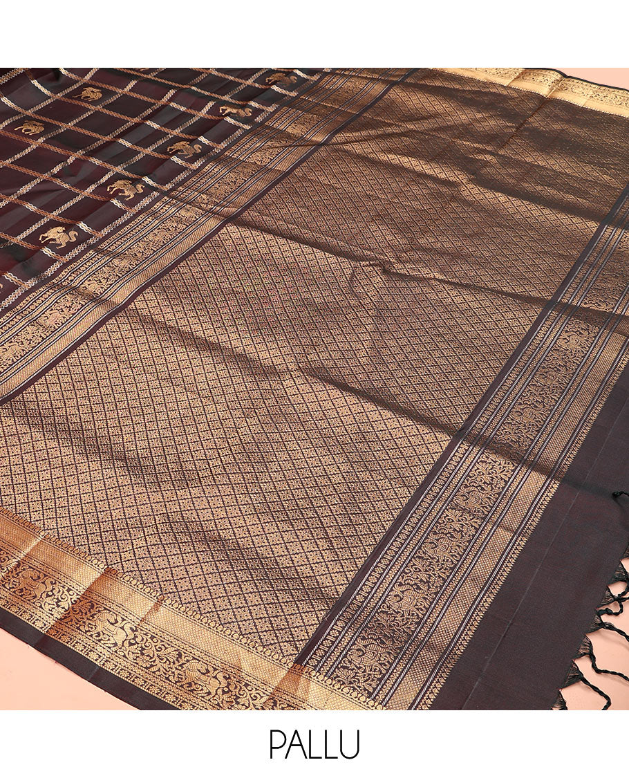 Brown maan and kuthirai butta enclosed checked soft silk saree, zari border of thilakam, mayil kann, kuthirai, and kamalam designs, and jaal pallu