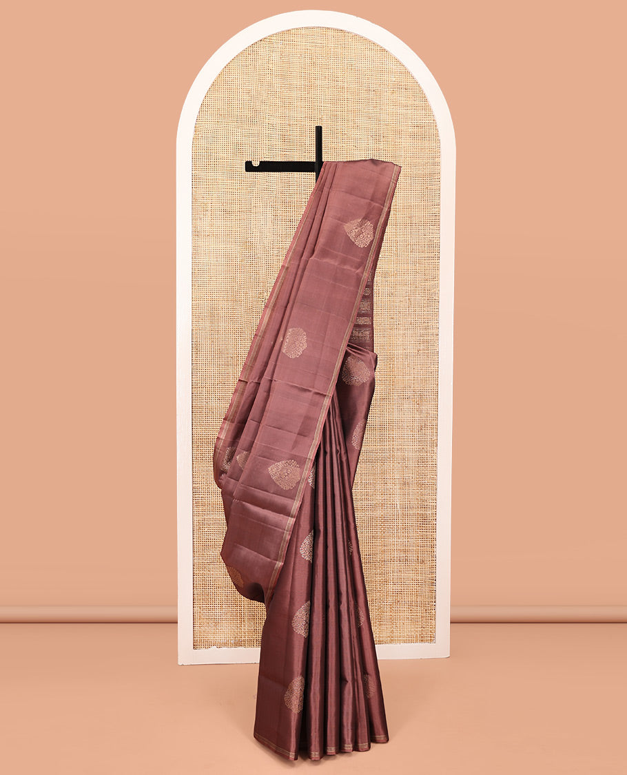 Brown Mayuri Lite Silk Mix Saree, Elegantly Framed with Zari Buttas on Its Body, Subtle Border, Pallu of Intricate Designs, and Paired with a Matching Blouse