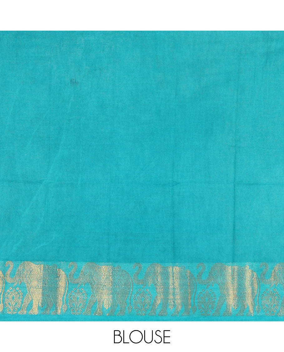 White kolam motifs printed Sungudi cotton saree, contrast pink-blue ganga jamuna rettai pettu traditional zari border, floral motifs pallu, and a contrast elephant motifs blouse