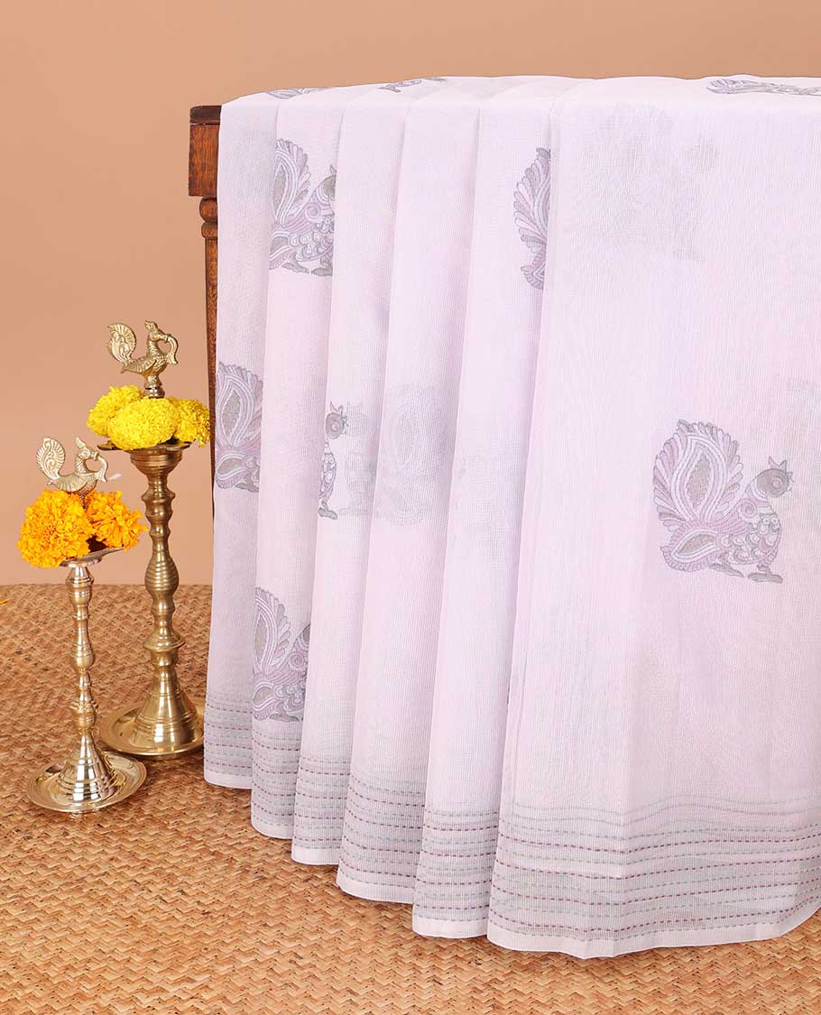 Lavender block print super net saree with kantha border & kantha work, block print pallu along with kantha work blouse