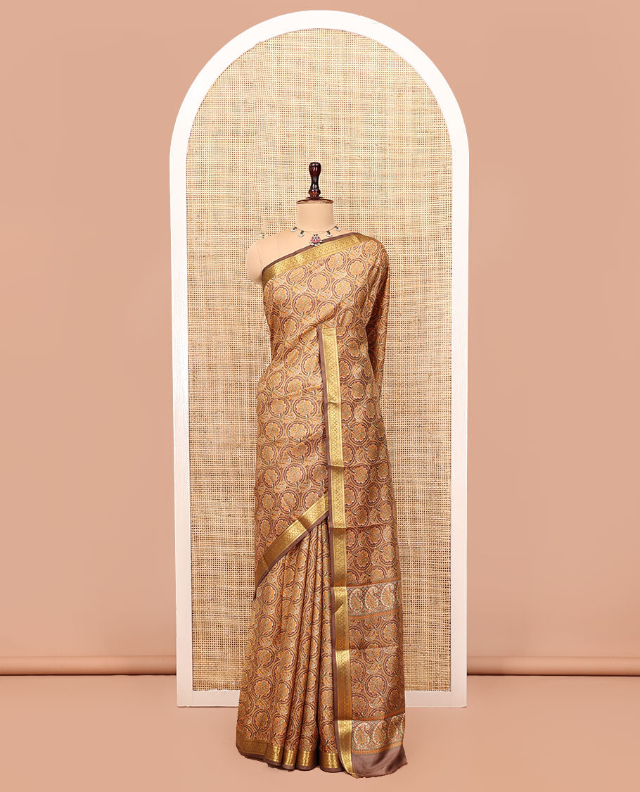 Brown Printed Silk Saree, Accentuated with Floral Jaal Prints, Highlighted by a Traditional Zari Border, Printed Pallu, and a Matching Blouse