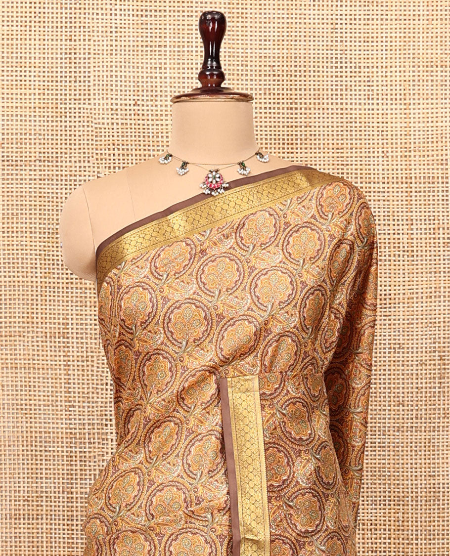 Brown Printed Silk Saree, Accentuated with Floral Jaal Prints, Highlighted by a Traditional Zari Border, Printed Pallu, and a Matching Blouse