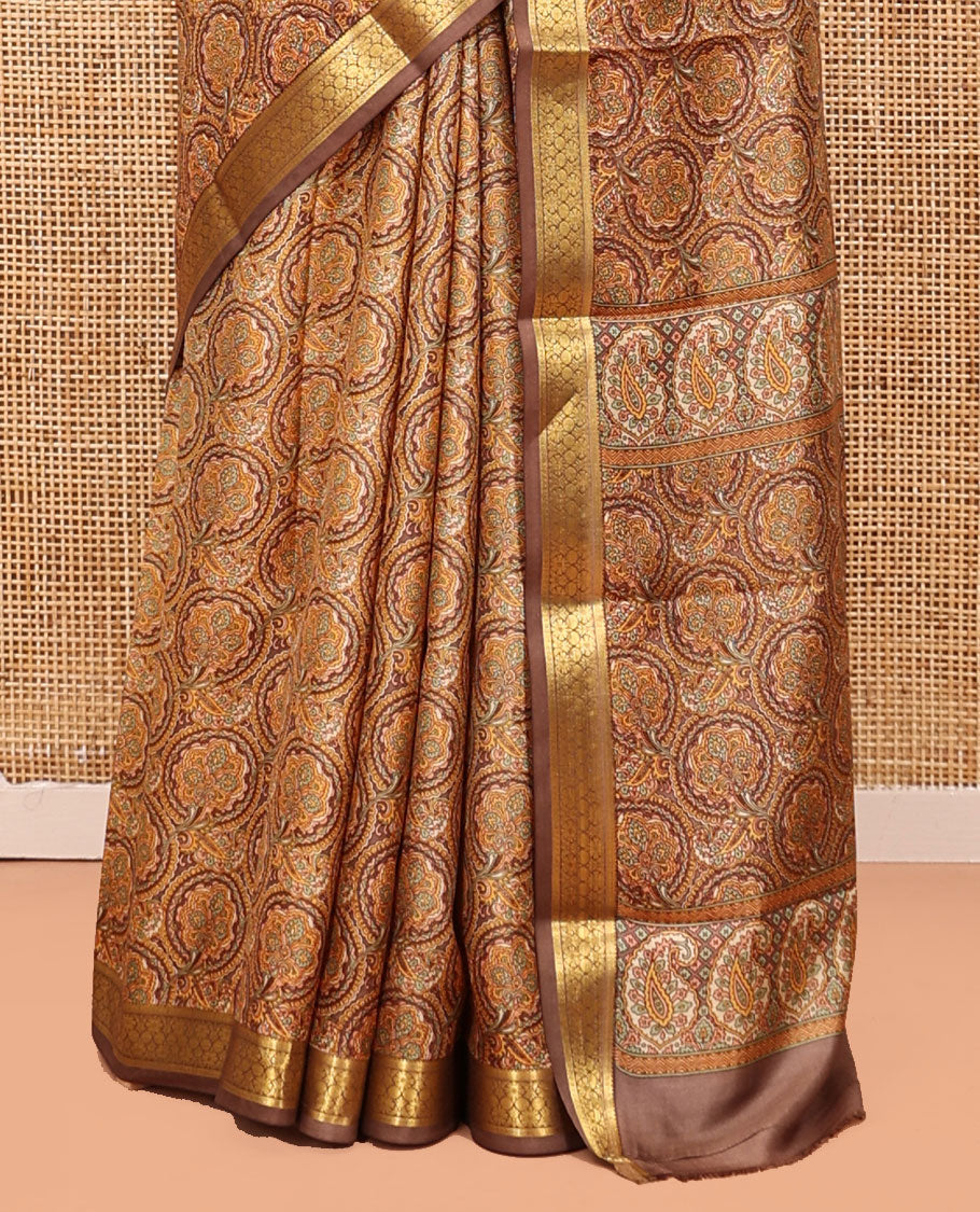 Brown Printed Silk Saree, Accentuated with Floral Jaal Prints, Highlighted by a Traditional Zari Border, Printed Pallu, and a Matching Blouse