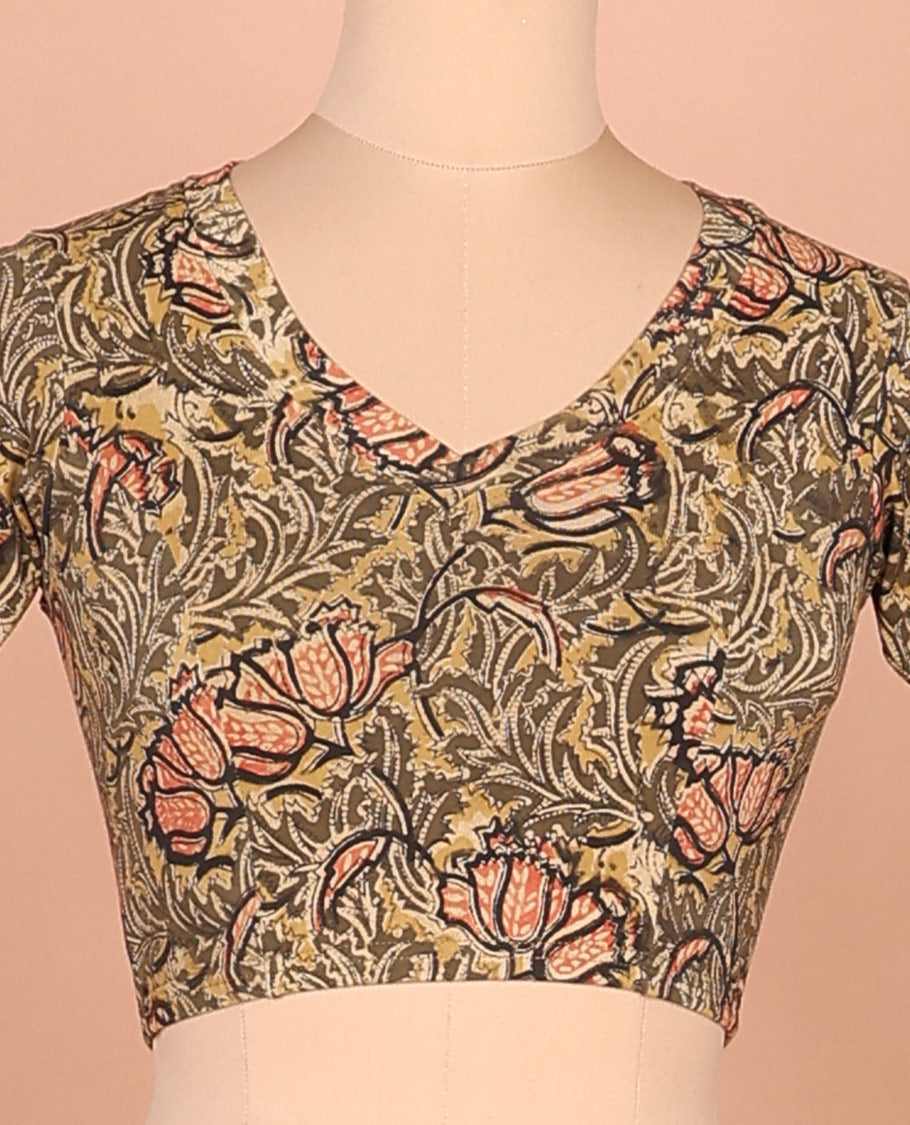 Green floral vine printed front and back leaf neck elbow sleeve cotton readymade blouse