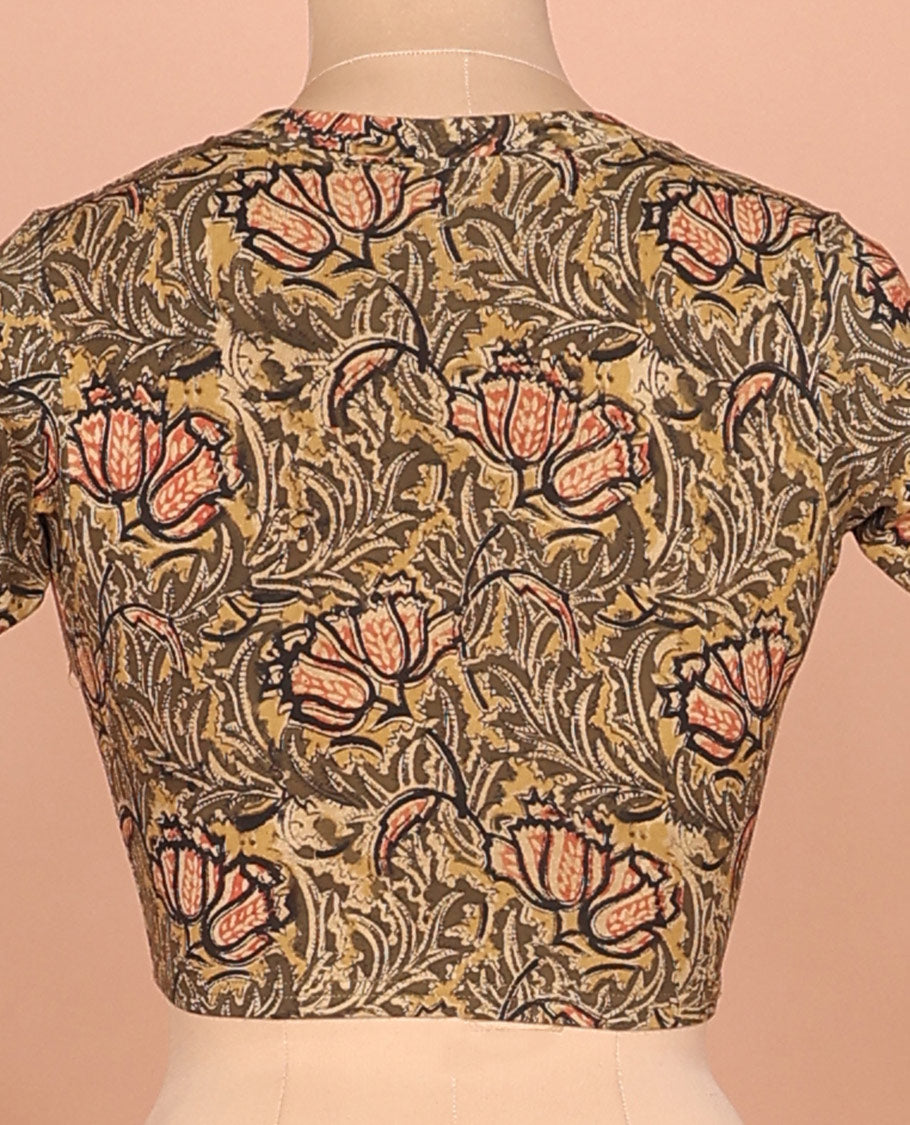 Green floral vine printed front and back leaf neck elbow sleeve cotton readymade blouse