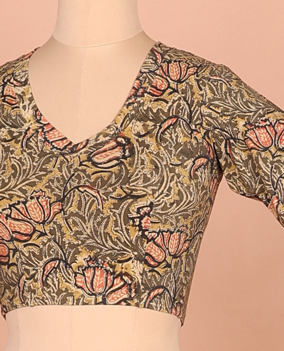 Green floral vine printed front and back leaf neck elbow sleeve cotton readymade blouse