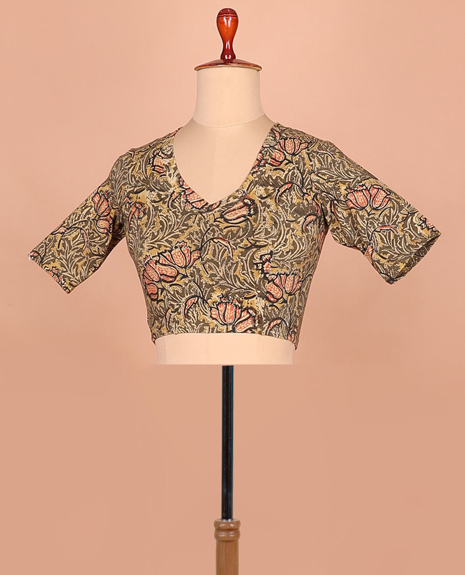Green floral vine printed front and back leaf neck elbow sleeve cotton readymade blouse