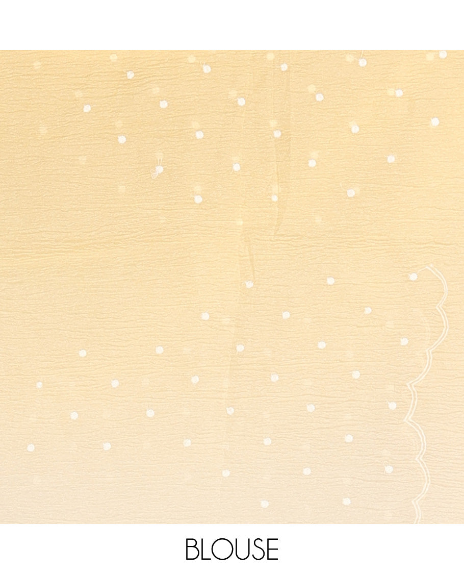 Yellow dots thread embroidered designer saree, scallop floral vine design embroidered border