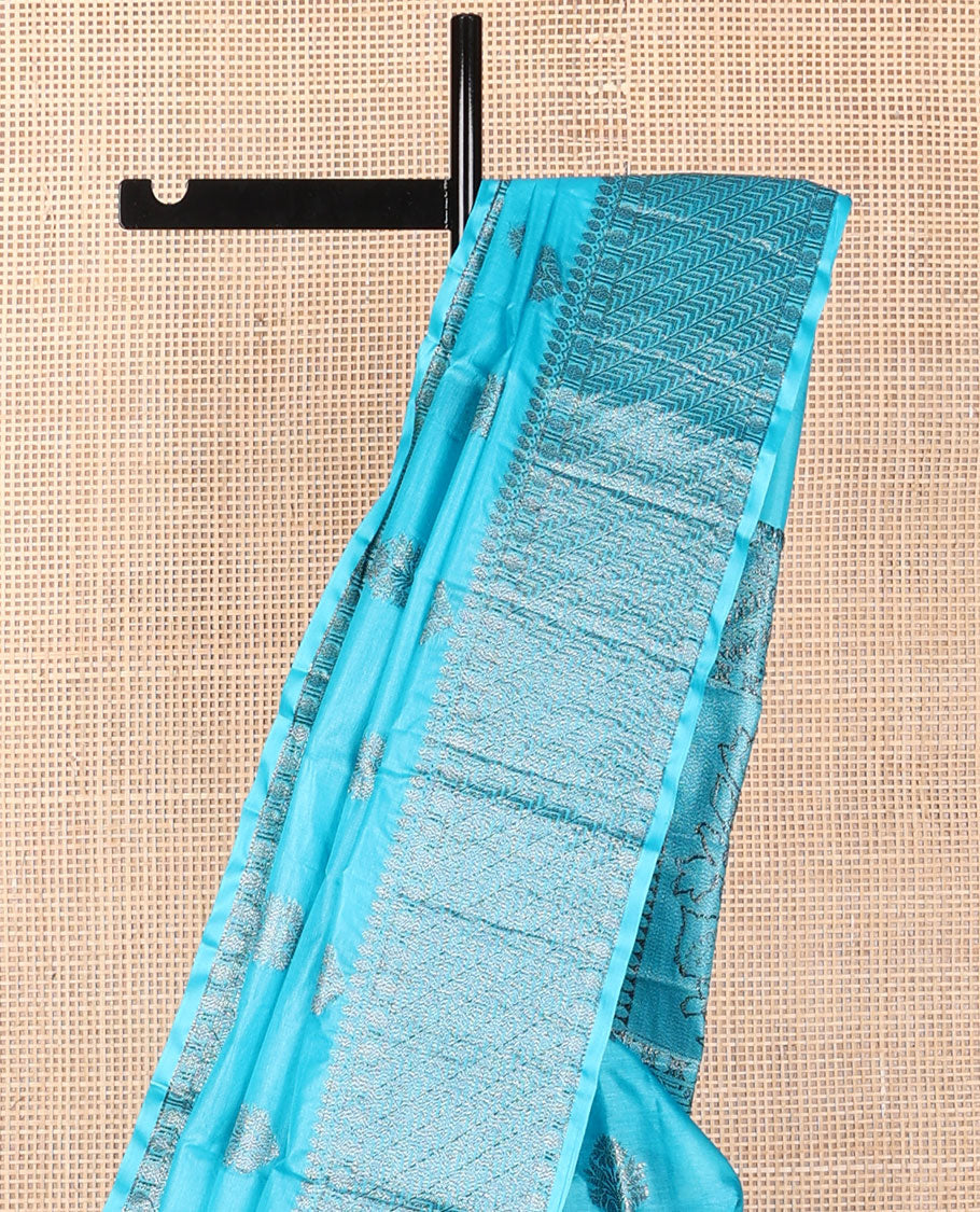 Blue zari buttas tussar saree, zari border of geometric designs & pallu of floral designs
