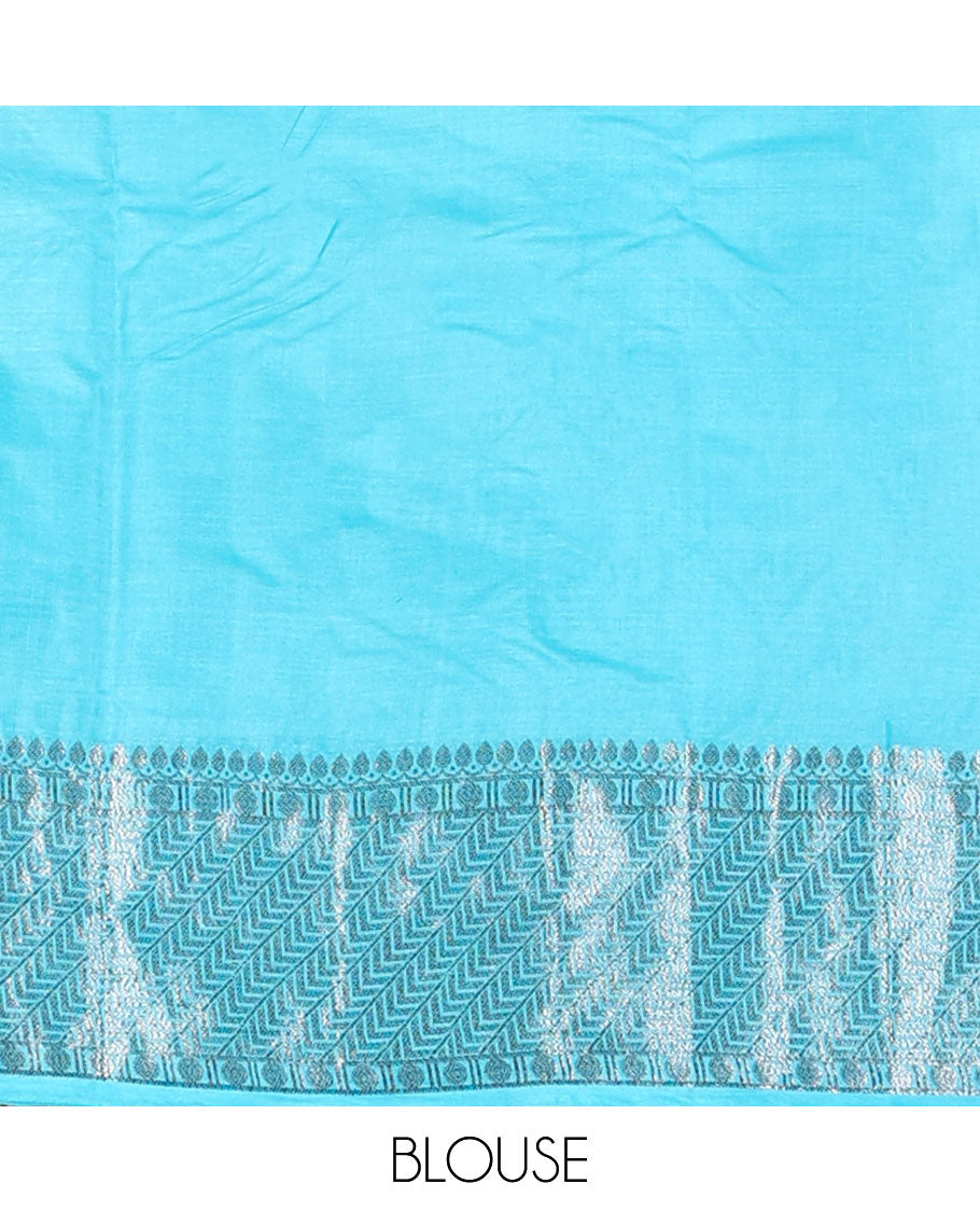 Blue zari buttas tussar saree, zari border of geometric designs & pallu of floral designs