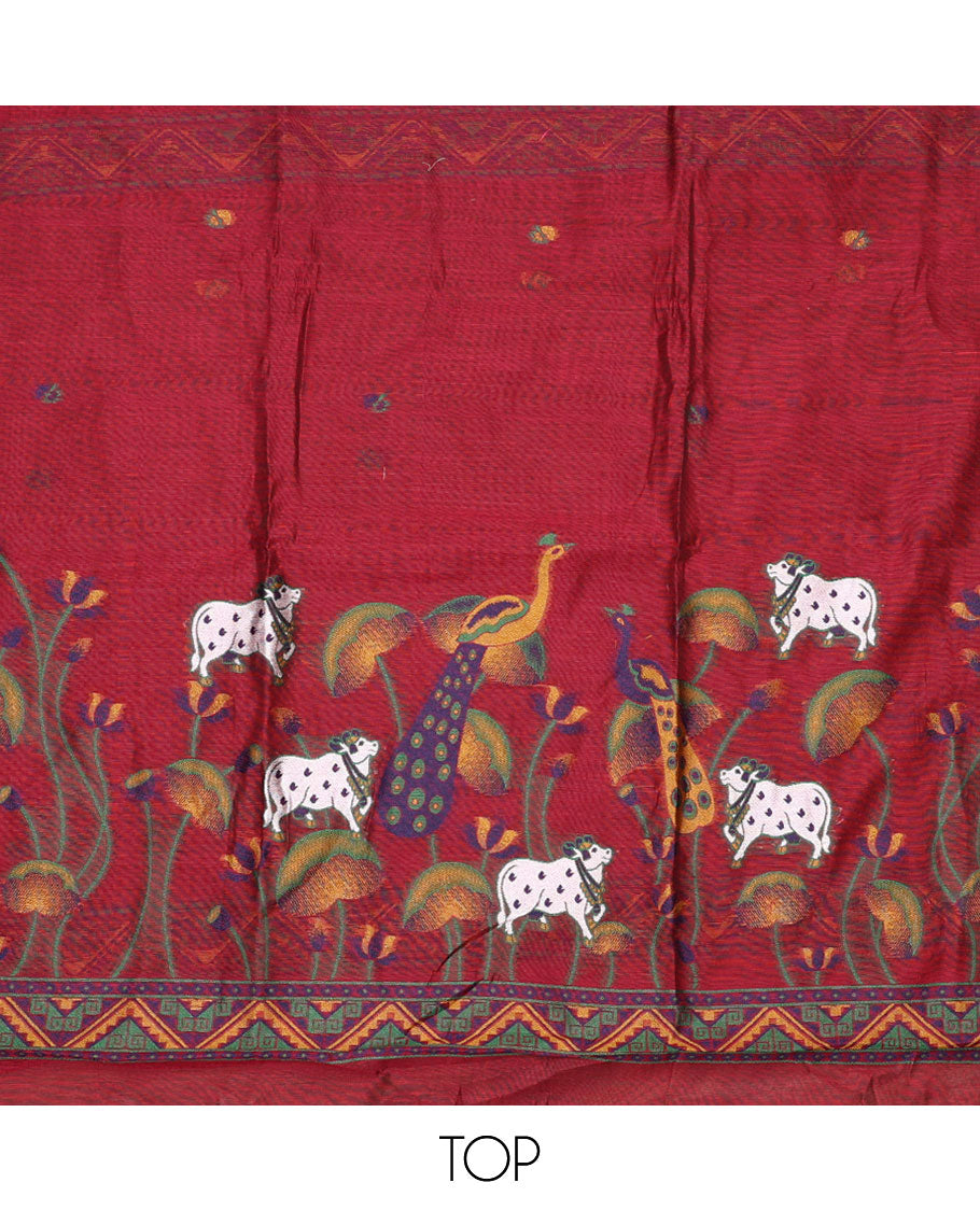 Red material chudidar set, hand-painting style Pichwai lotus, cow and peacock printed top, plain bottom and dupatta mirrors the same top print