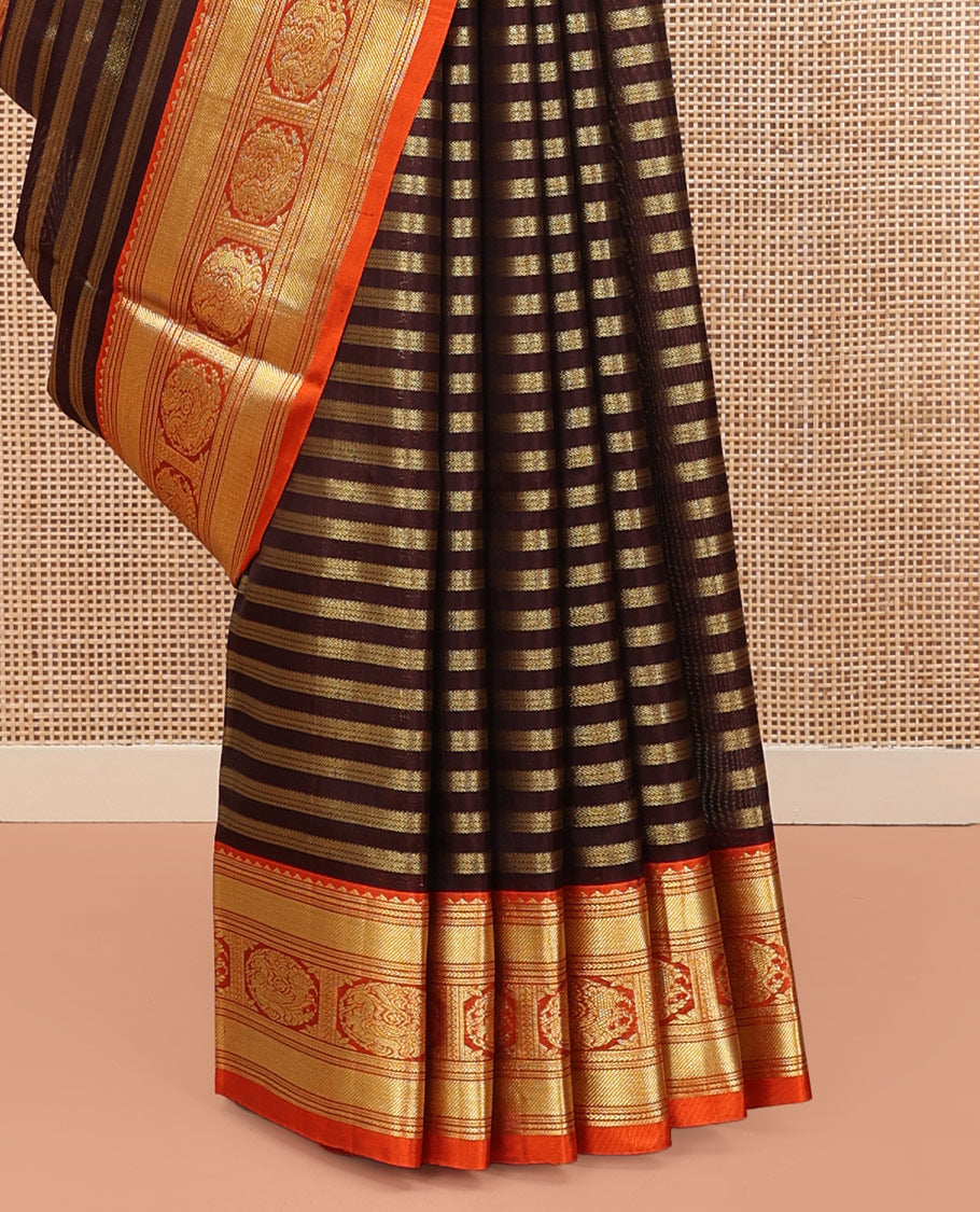 Brown Venkatagiri Silk Saree, Bedecked with Zari Stripes All Over Its Body, Complemented by a Contrast Traditional Zari Border of Round Peacock Designs, Jaal Design Pallu, and Paired with a Contrast Blouse