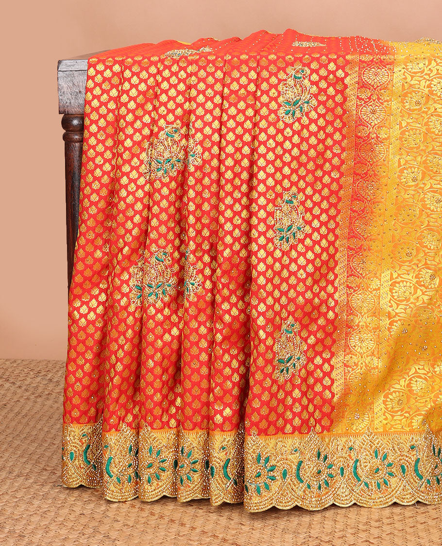 Red jacquard embroidered silk saree, contrast stone embroidered scallop border & floral jaal woven stone embroidery pallu