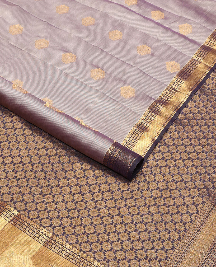 Grey striped, floral buttas vasundhara elite silk saree with contrast traditional zari design border & floral jaal design pallu