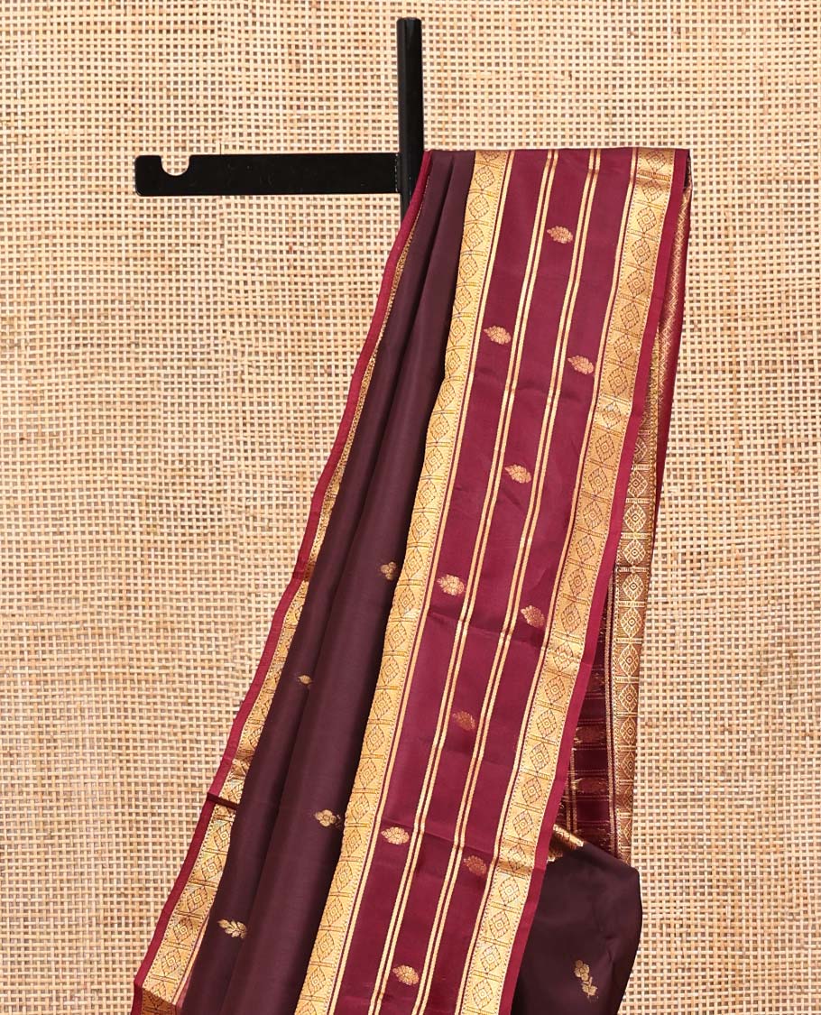 Brown Vasundhara Silk Mix Saree, Adorned with Zari Buttas All Over Its Body, Complemented by Contrast Border of Traditional Zari Designs, Grand Jaal Pallu and Paired with a Contrast Blouse