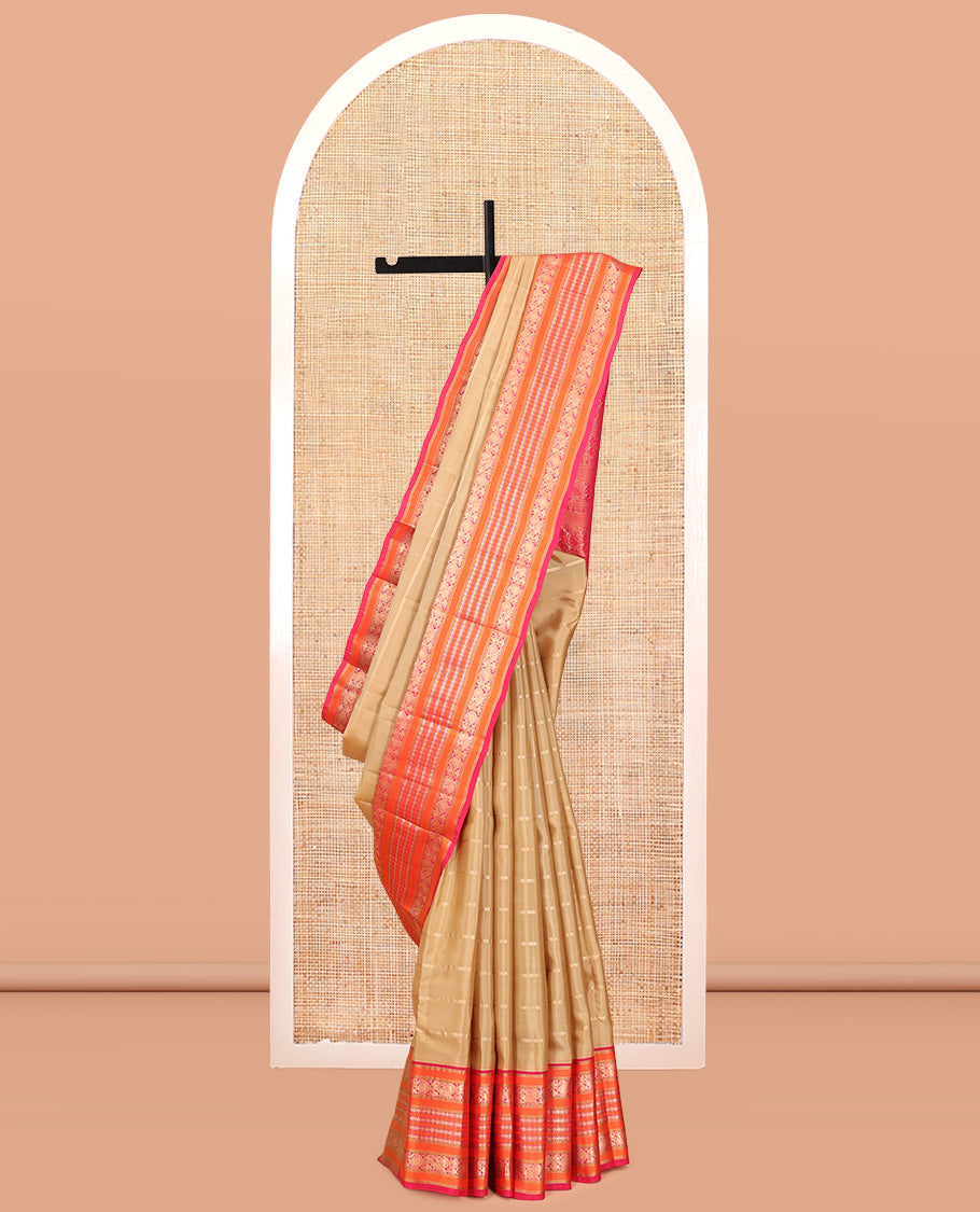 Sandal Vasundhara Lite Silk Mix Saree, Accentuated with Zari Stripes, a Contrast Border of Muthu, Banaras, Mayil Manga, and Poun Designs, Grand Pallu, and a Contrast Blouse