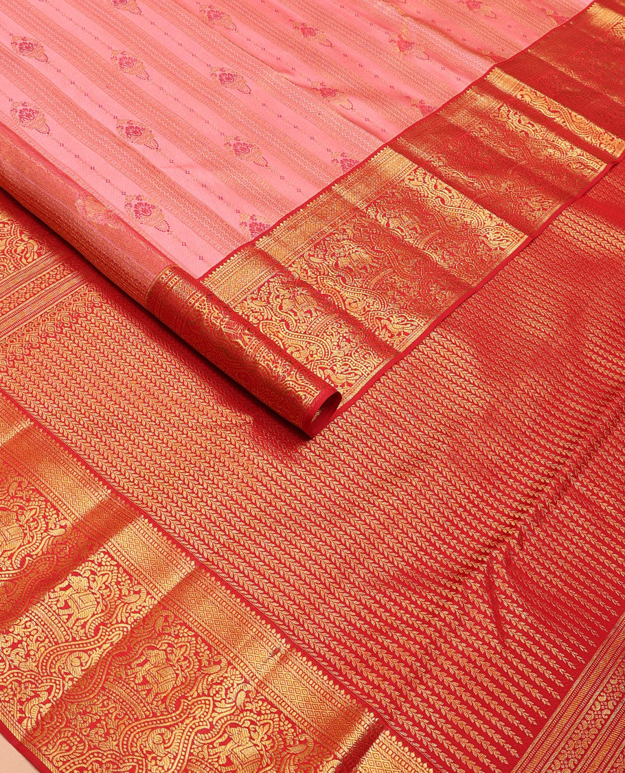 Pink meenakari zari design wedding silk saree, contrast border of thilakam,banaras,muthu,mayil kann,mayil,& yaanai & leaf vine pallu