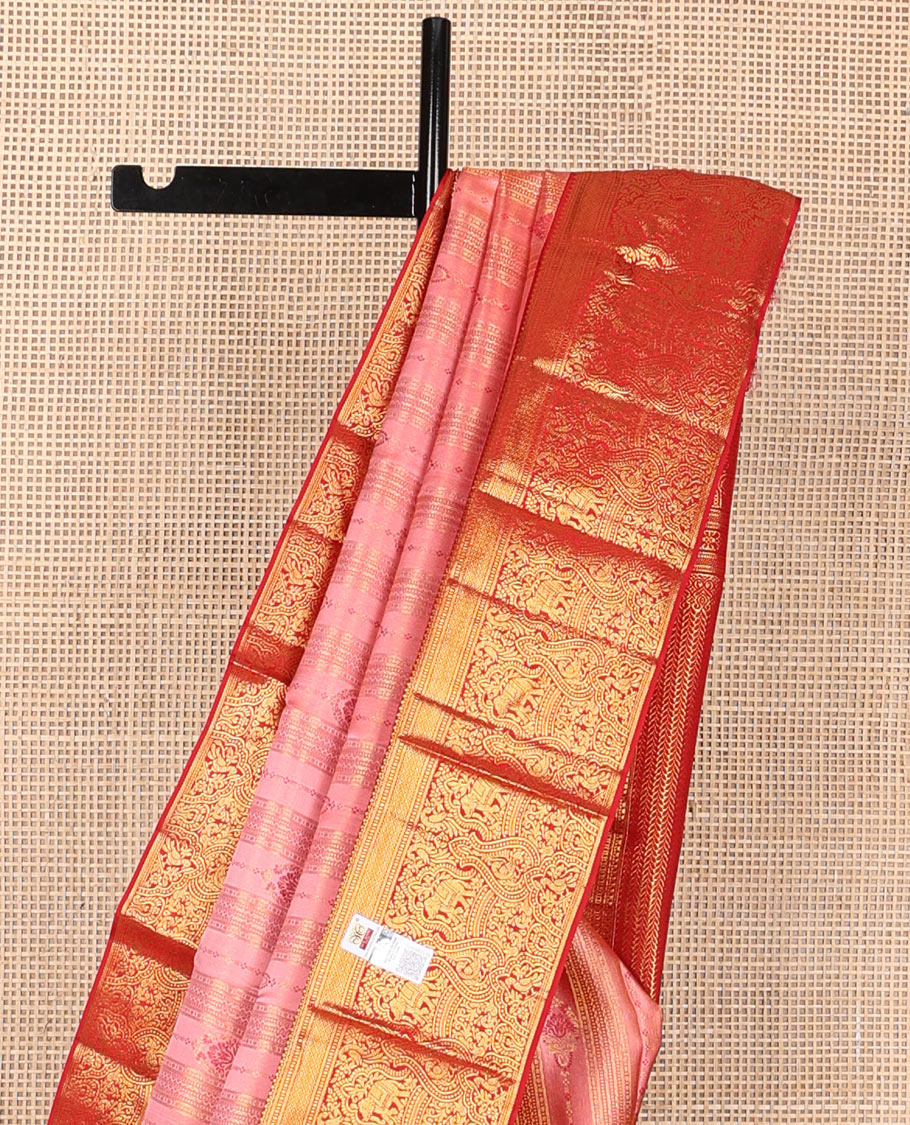 Pink meenakari zari design wedding silk saree, contrast border of thilakam,banaras,muthu,mayil kann,mayil,& yaanai & leaf vine pallu