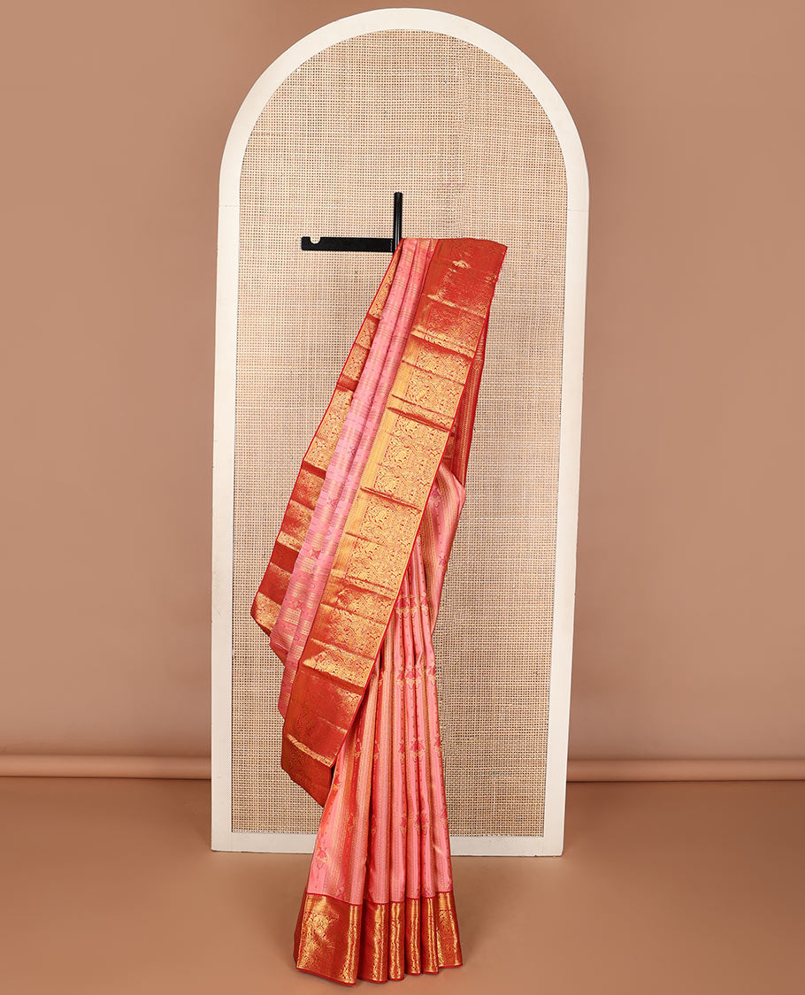 Pink meenakari zari design wedding silk saree, contrast border of thilakam,banaras,muthu,mayil kann,mayil,& yaanai & leaf vine pallu