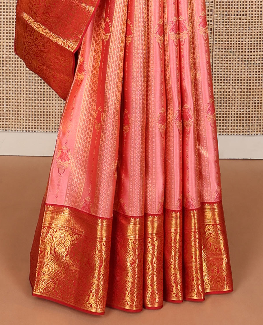 Pink meenakari zari design wedding silk saree, contrast border of thilakam,banaras,muthu,mayil kann,mayil,& yaanai & leaf vine pallu