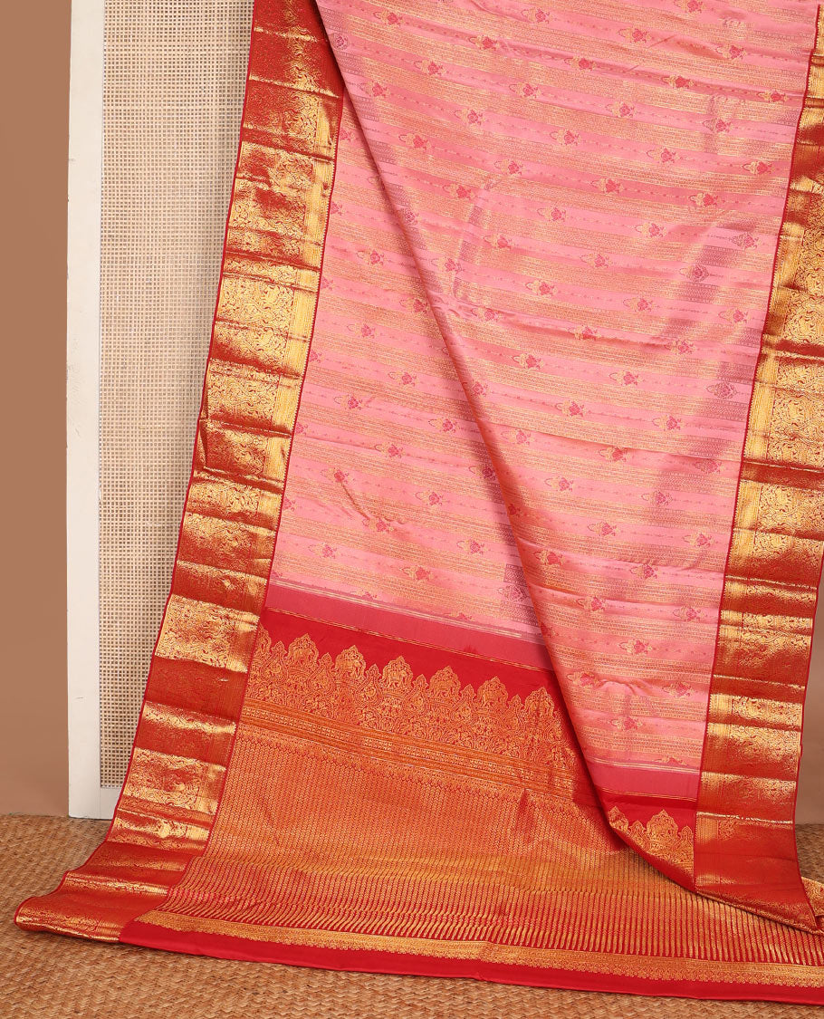 Pink meenakari zari design wedding silk saree, contrast border of thilakam,banaras,muthu,mayil kann,mayil,& yaanai & leaf vine pallu