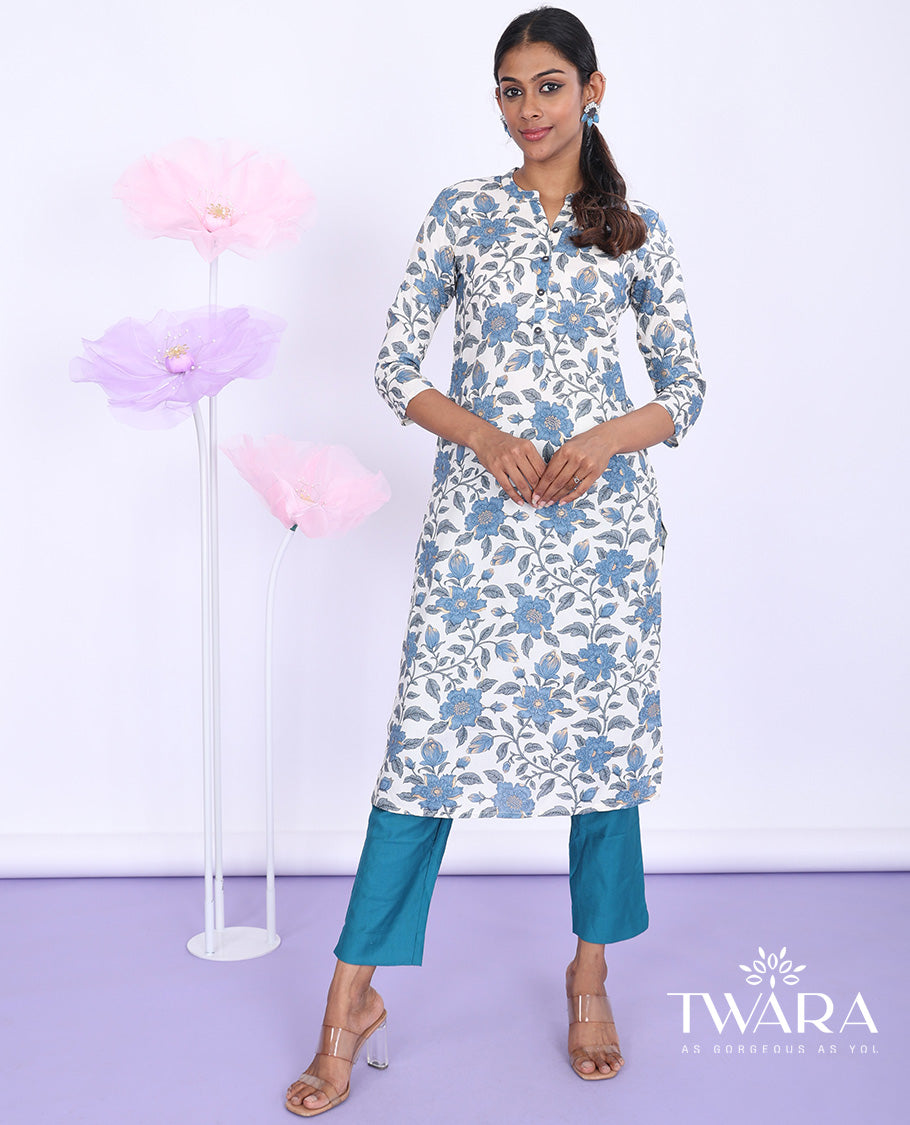 Twara cream floral vine printed Chinese collar with 3/4th sleeve rayon straight-cut below-knee kurti