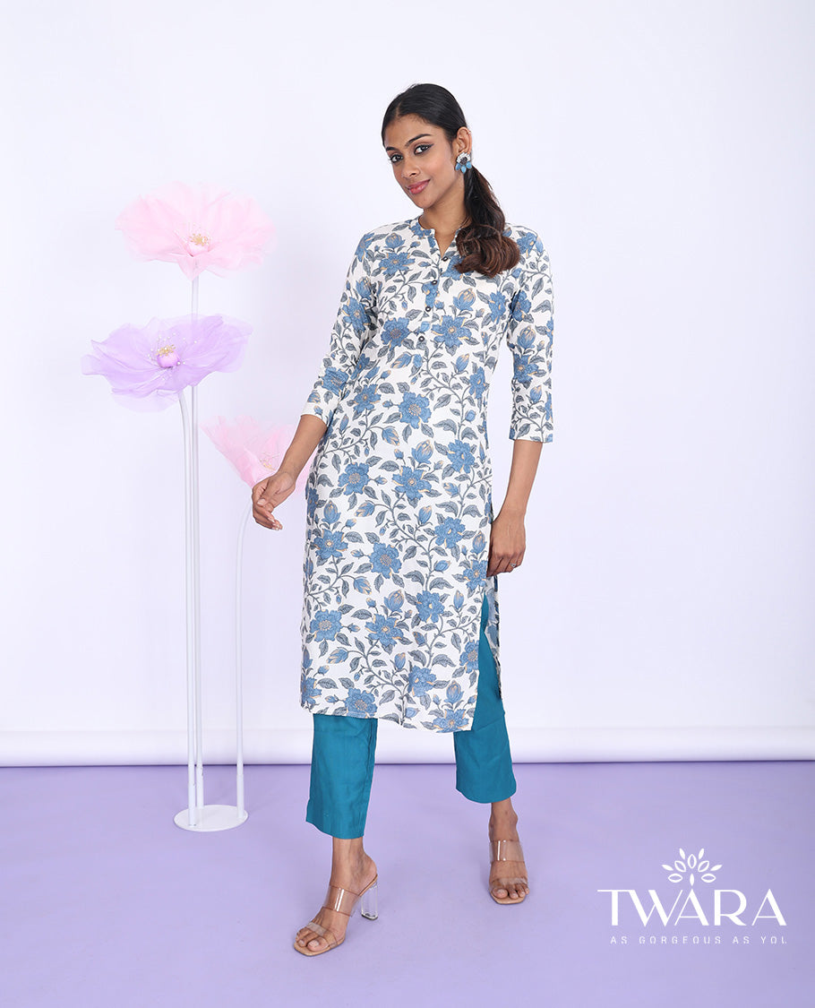 Twara cream floral vine printed Chinese collar with 3/4th sleeve rayon straight-cut below-knee kurti