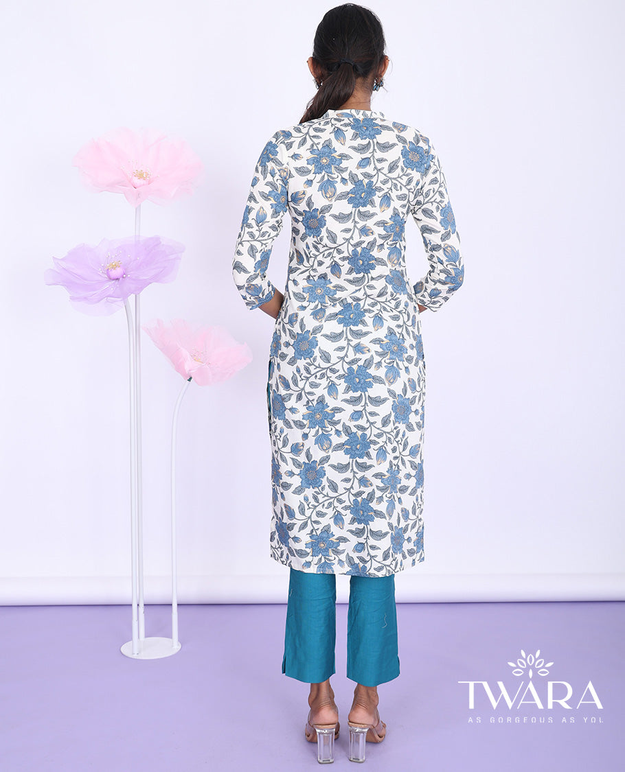 Twara cream floral vine printed Chinese collar with 3/4th sleeve rayon straight-cut below-knee kurti