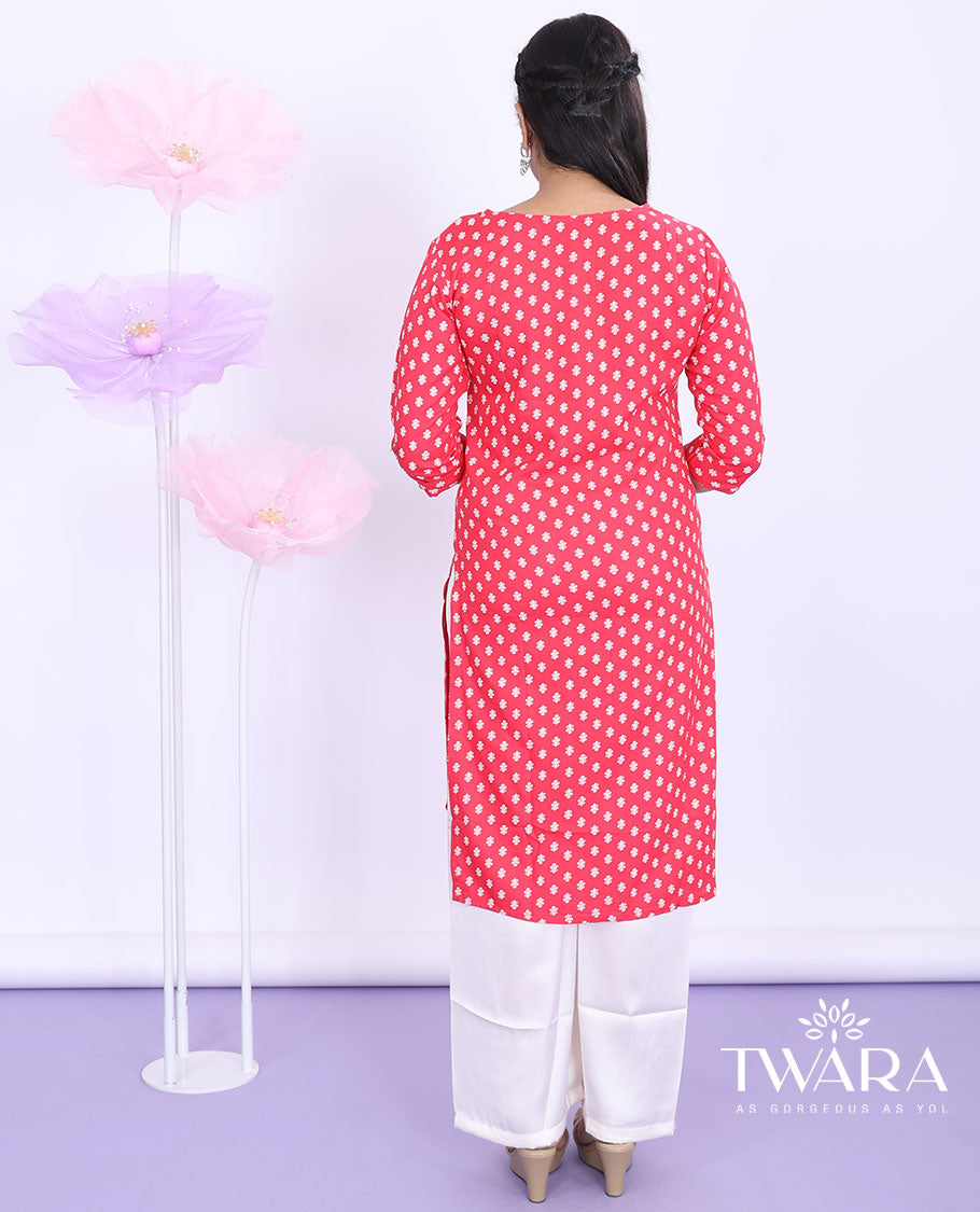 Twara red unique motifs round-neck with 3/4th sleeve rayon straight-cut below-knee kurti