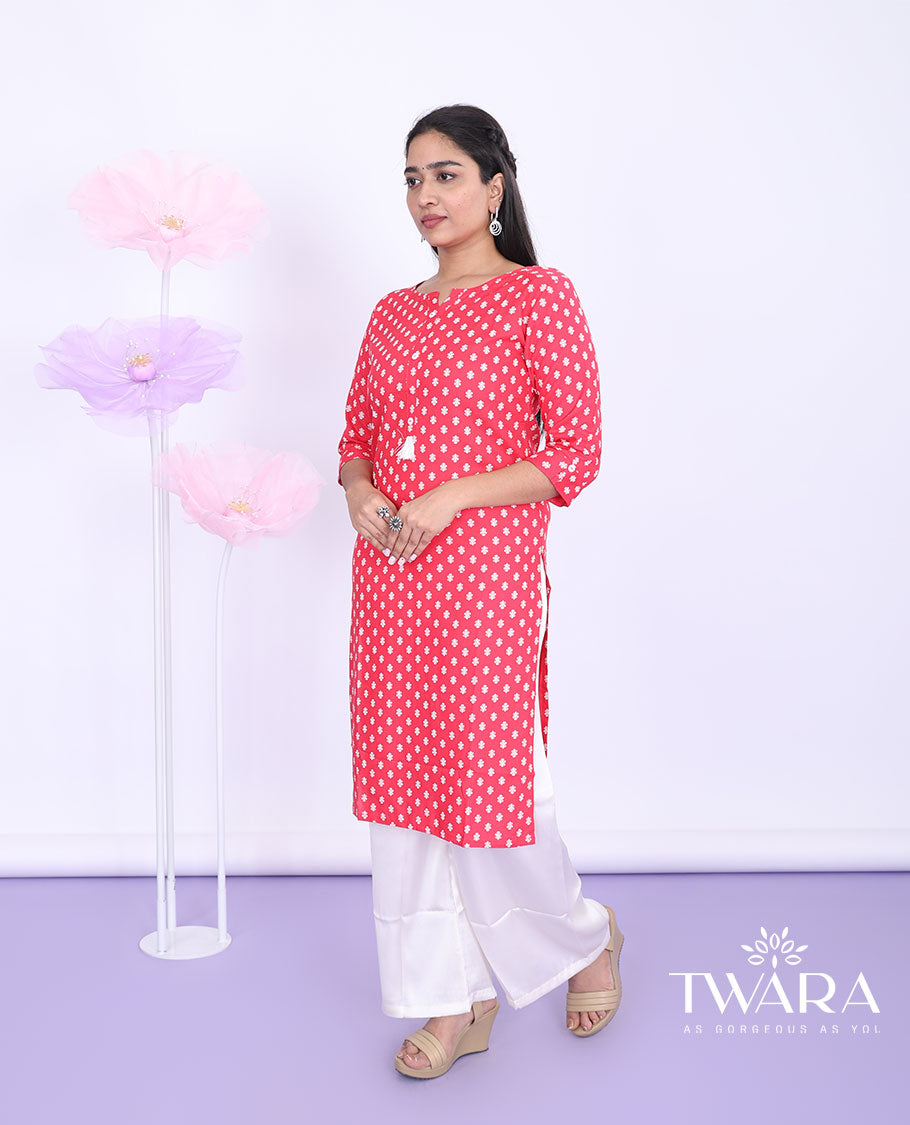 Twara red unique motifs round-neck with 3/4th sleeve rayon straight-cut below-knee kurti