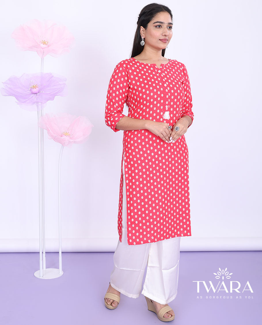 Twara red unique motifs round-neck with 3/4th sleeve rayon straight-cut below-knee kurti