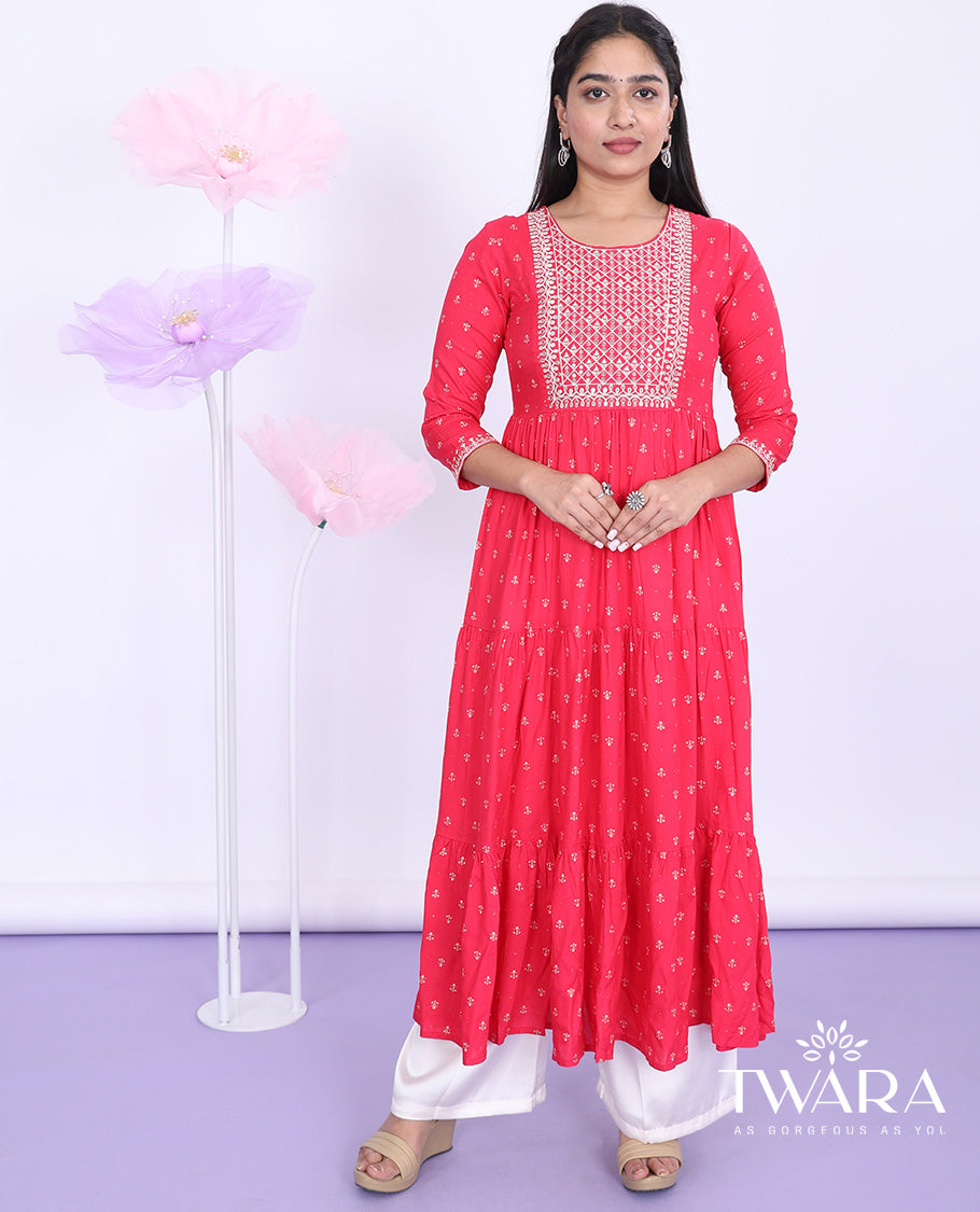 Twara pink embroidered round neck with 3/4th sleeve rayon a-line flared calf-length kurti