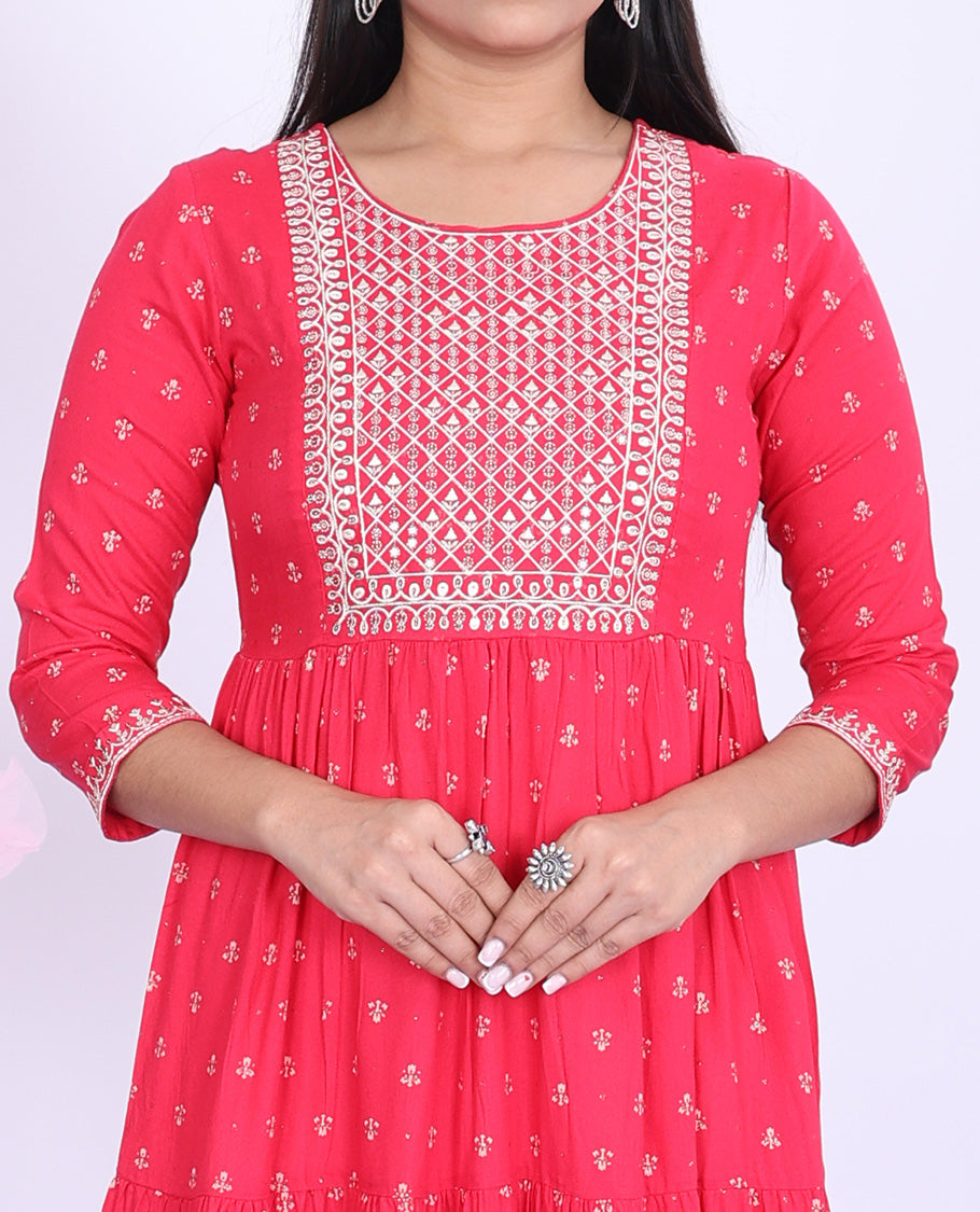 Twara pink embroidered round neck with 3/4th sleeve rayon a-line flared calf-length kurti