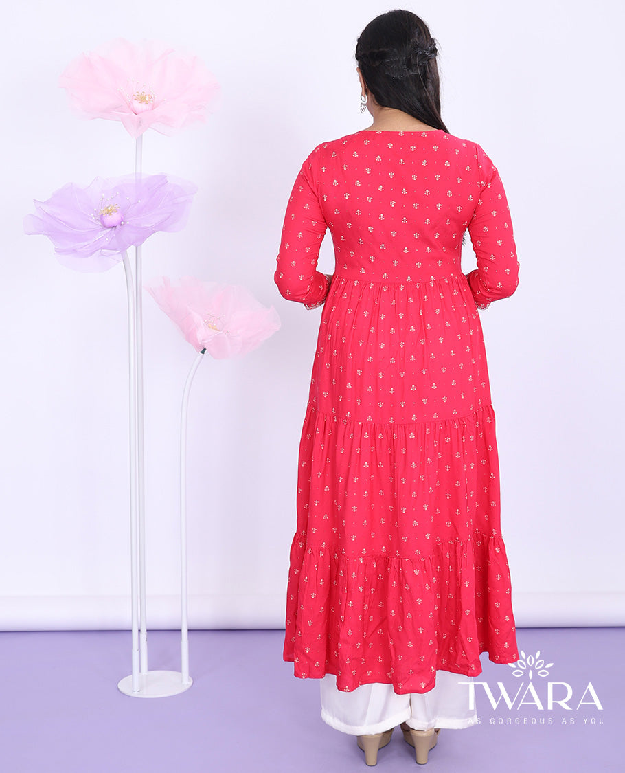 Twara pink embroidered round neck with 3/4th sleeve rayon a-line flared calf-length kurti